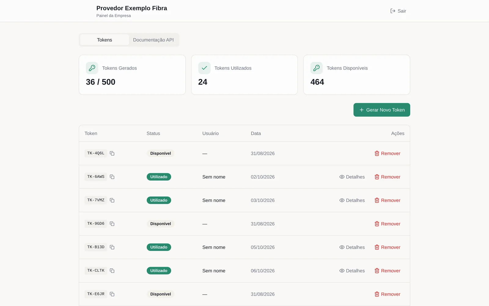 Estante Digital — Painel do provedor: tokens e cota