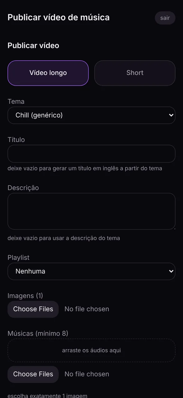 Lofi Factory — Painel de publicação: formato, tema e playlist