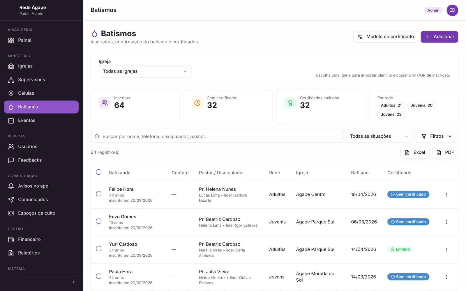 Rede Ágape — Batismos: inscrições, certificados e filtros