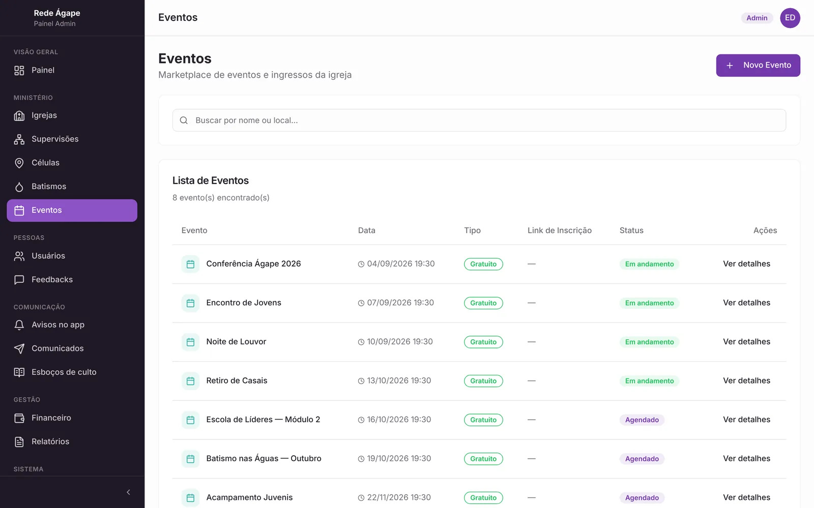 Rede Ágape — Eventos com inscrição e pagamento